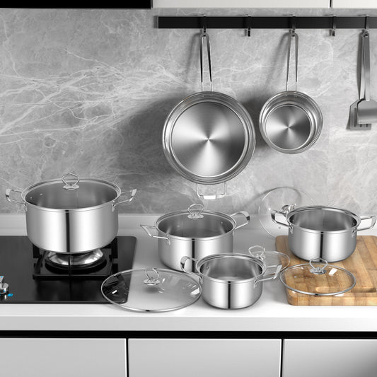 12 Piece Pots And Pans Set, Tempered Glass Lids, Silver Cookware & Bakeware Silver at Gallery Canada