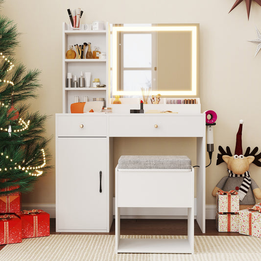 Vanity Dressing Table And Chair Set With Mirror And Lights, White Makeup Vanities White at Gallery Canada
