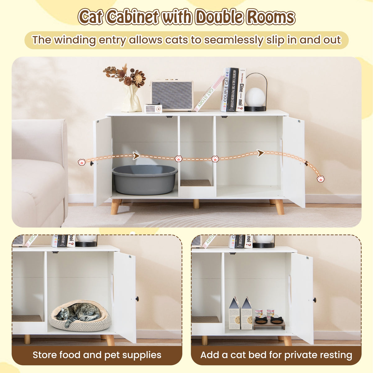 43 Inches Cat Litter Box Enclosure with Double Rooms and 2 Sisal Scratching Mats, White Cat Houses at Gallery Canada
