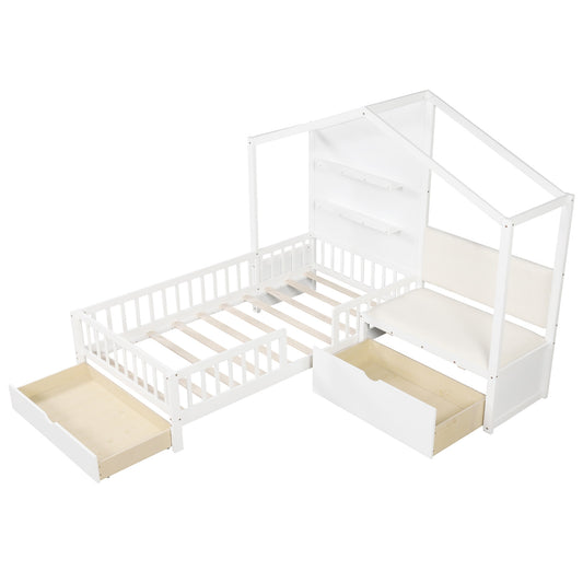Twin Size Kids Platform Bed With Padded Bench, White Toddler Beds White at Gallery Canada