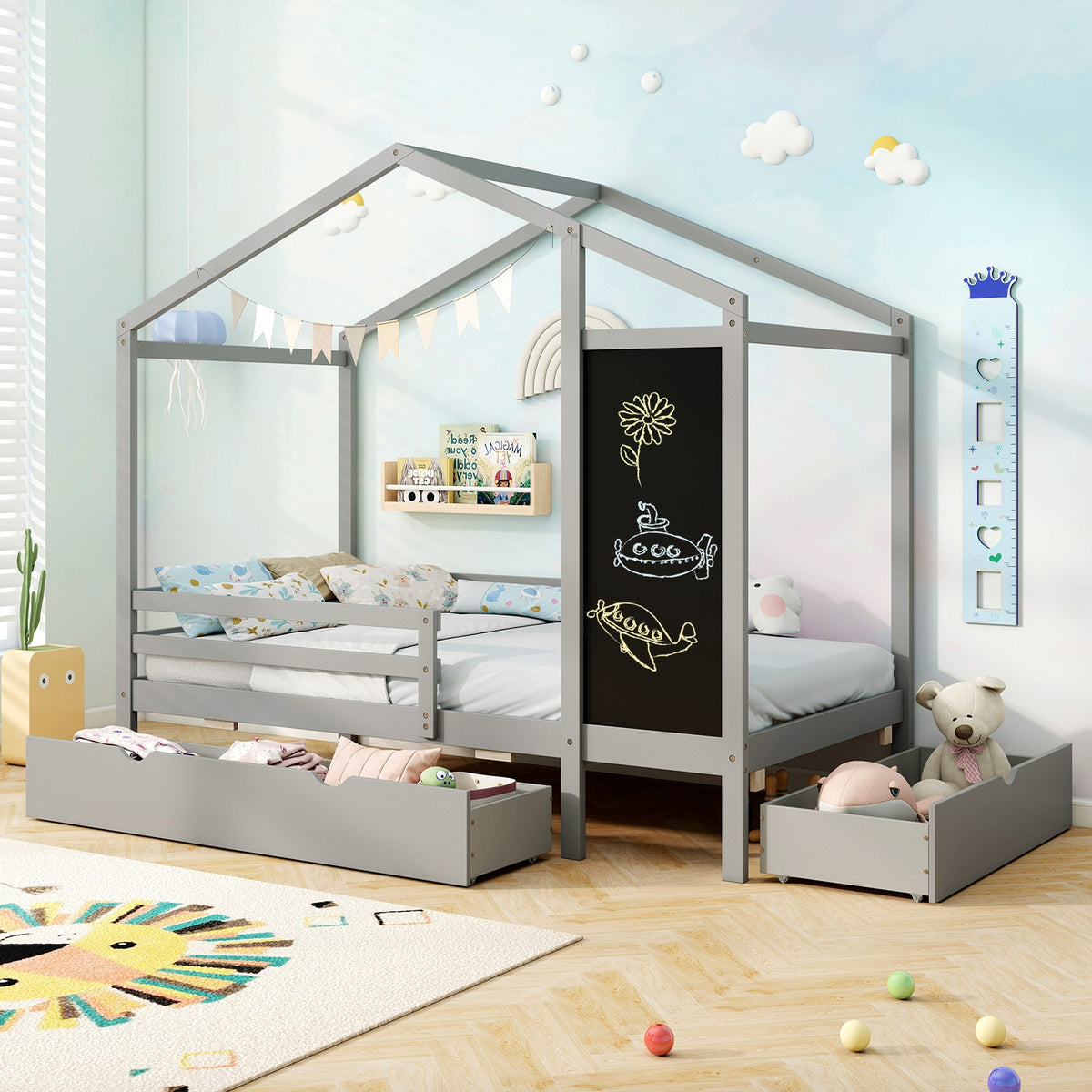 Twin Size Kids Bed With 2 Drawers, Solid Wood, Blackboard, Gray Toddler Beds at Gallery Canada
