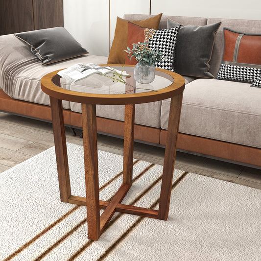Modern Round End Table, With Transparent Tempered Glass Top, Brown End & Side Tables Brown at Gallery Canada