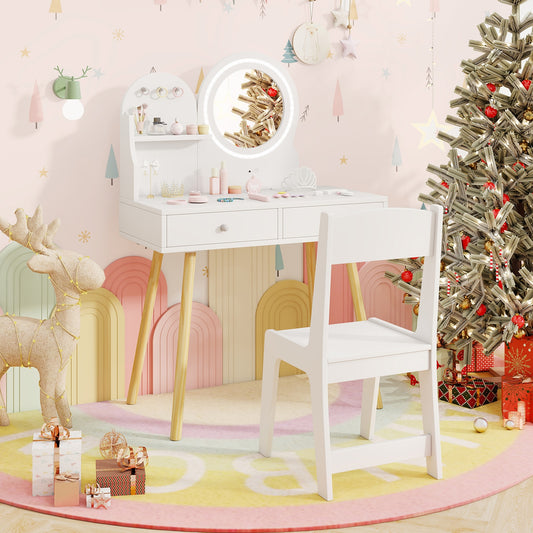 Kids Princess Makeup Desk And Chair Set With Mirror, Lights, White Kids Table & Chair Sets White at Gallery Canada