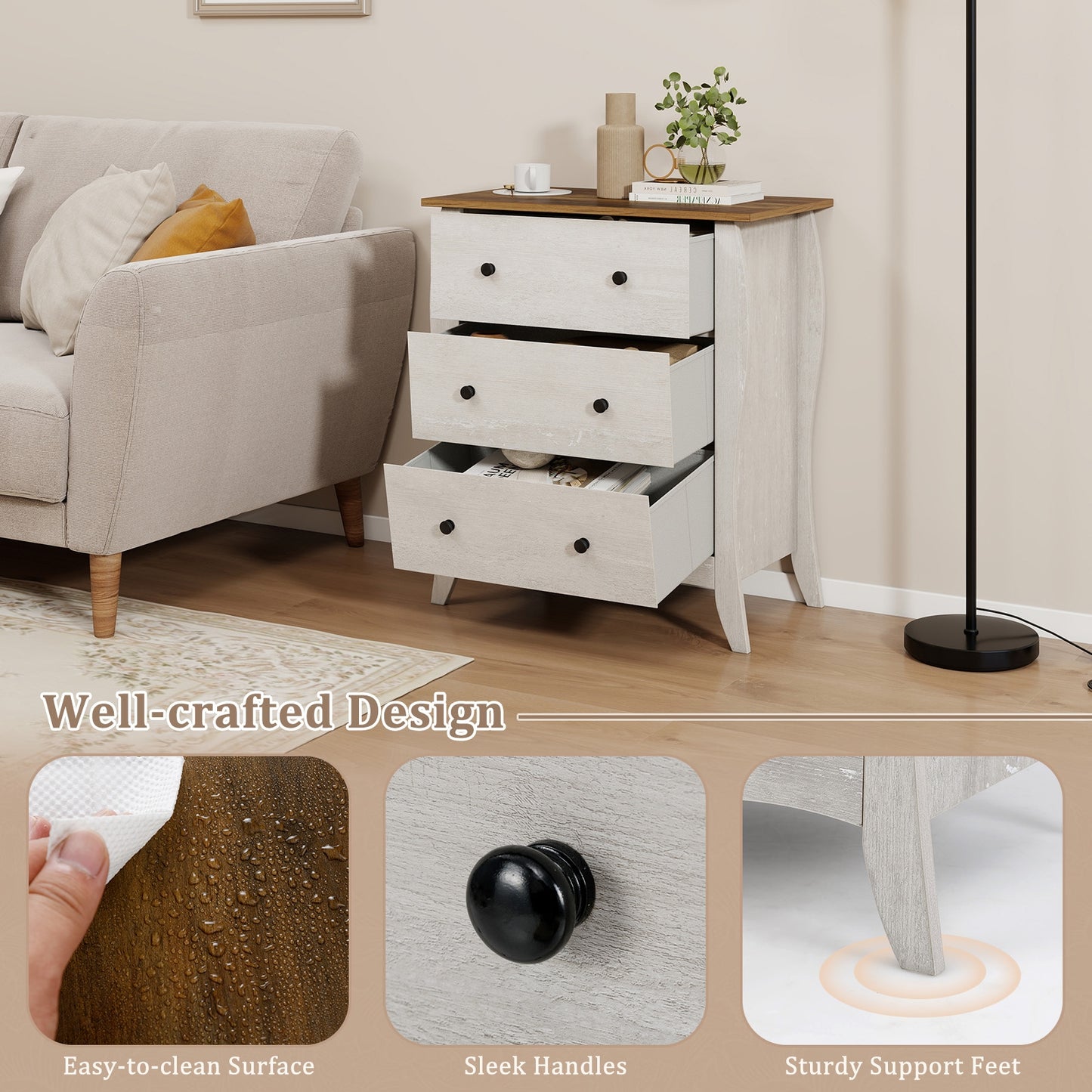 Bedroom Dresser, 3 Folding Fabric Drawers, Anti-Tipping Kit, Gray Nightstands at Gallery Canada