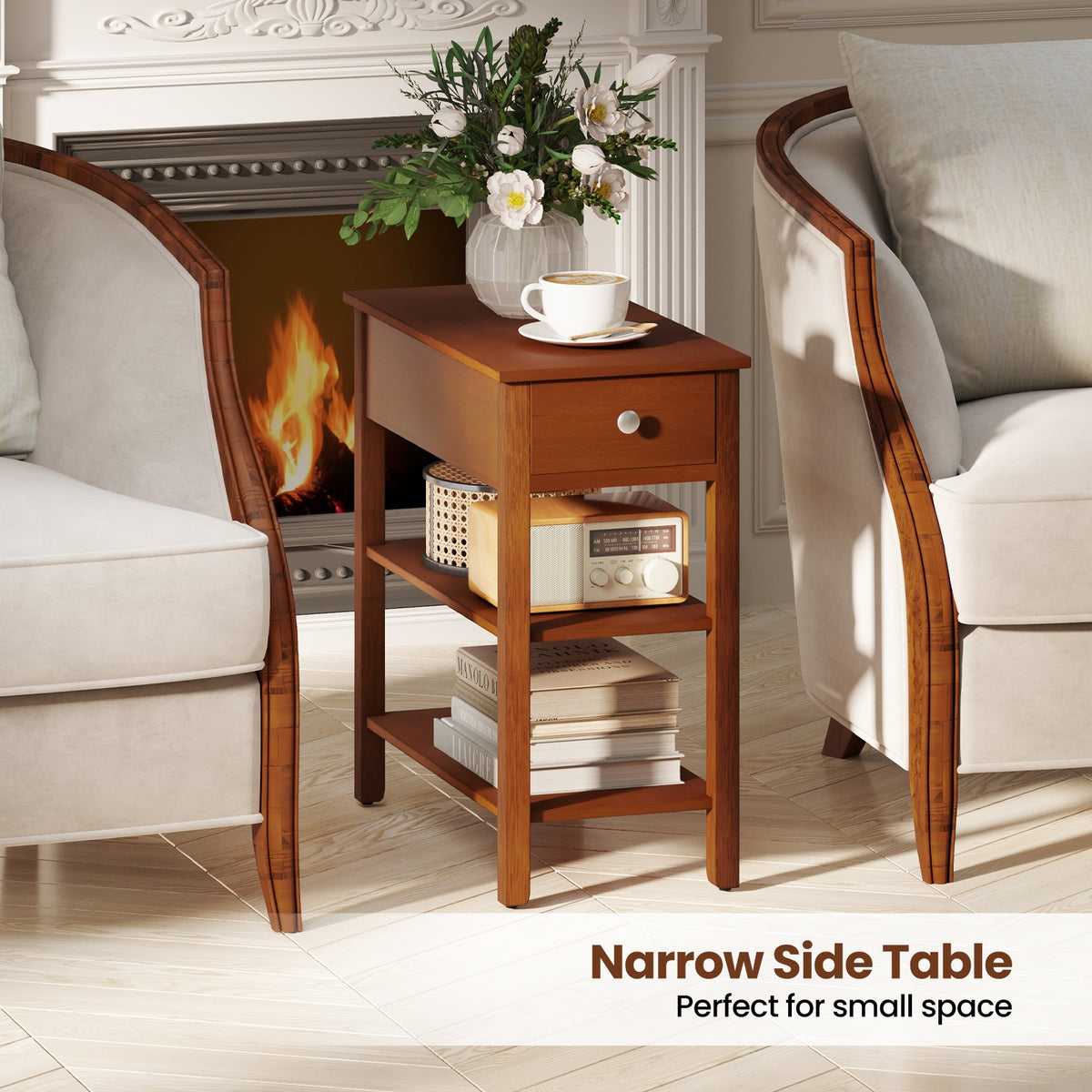 3-Tier Narrow End Table With Drawer, Storage Shelves, Brown End & Side Tables at Gallery Canada