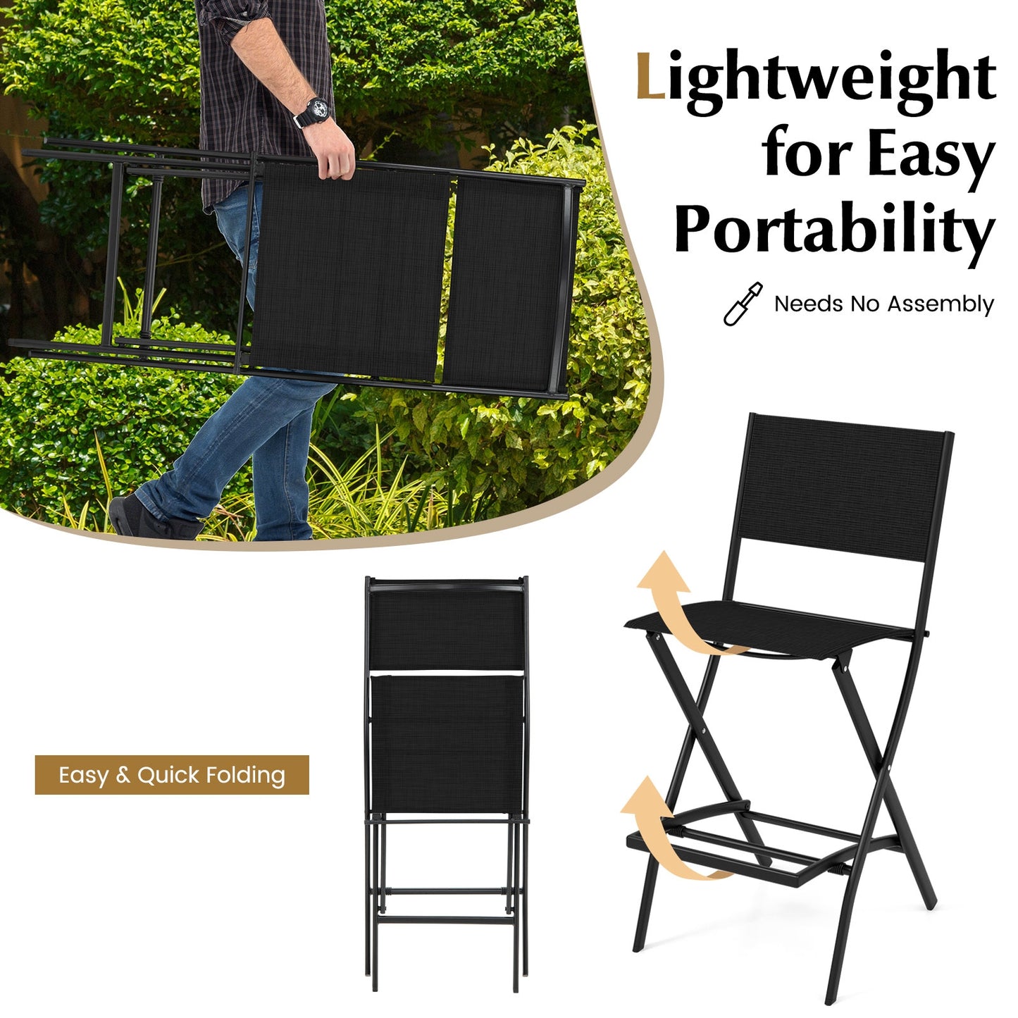 Outdoor Folding Bar Height Stool Set of 4, Metal Frame, Footrest, Black Patio Bar Furniture at Gallery Canada