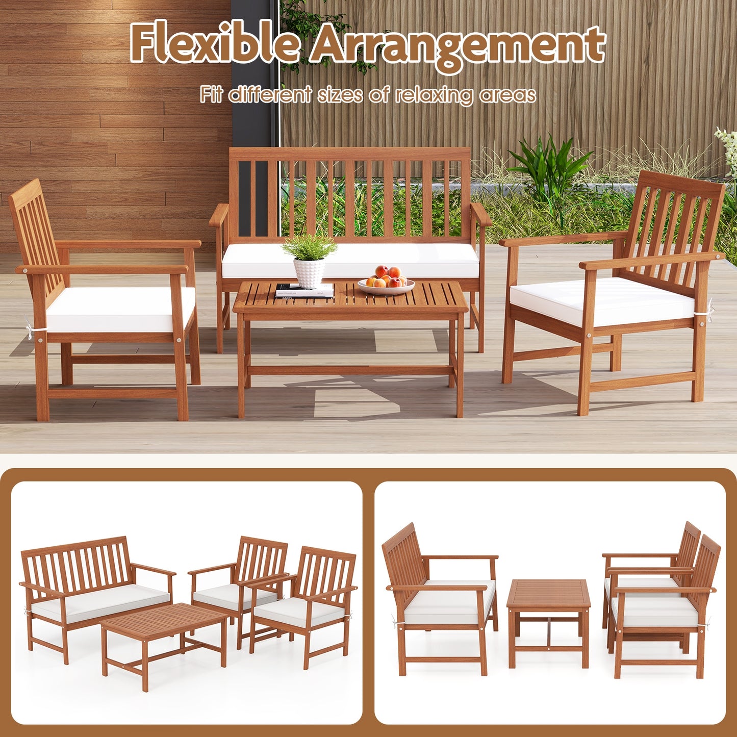 4 Piece Acacia Wood Furniture Set, White Patio Conversation Sets at Gallery Canada
