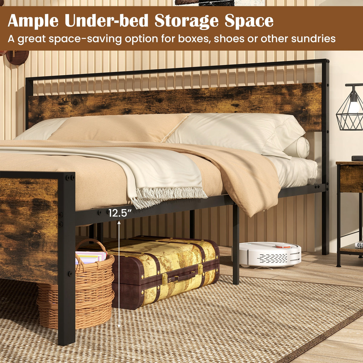Industrial Platform Bed Frame With Wooden Headboard, King Size, Rustic Brown Simple Bed Frame at Gallery Canada