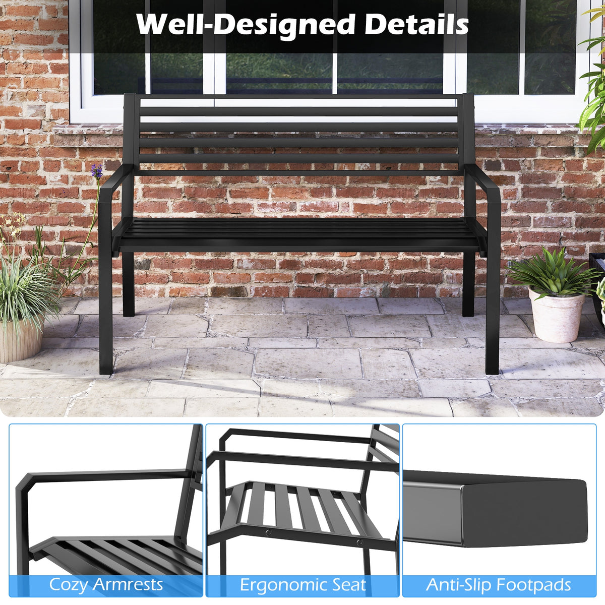 50 Inch Outdoor Metal Park Bench, Patio Slatted Garden Bench, Black Outdoor Benches at Gallery Canada