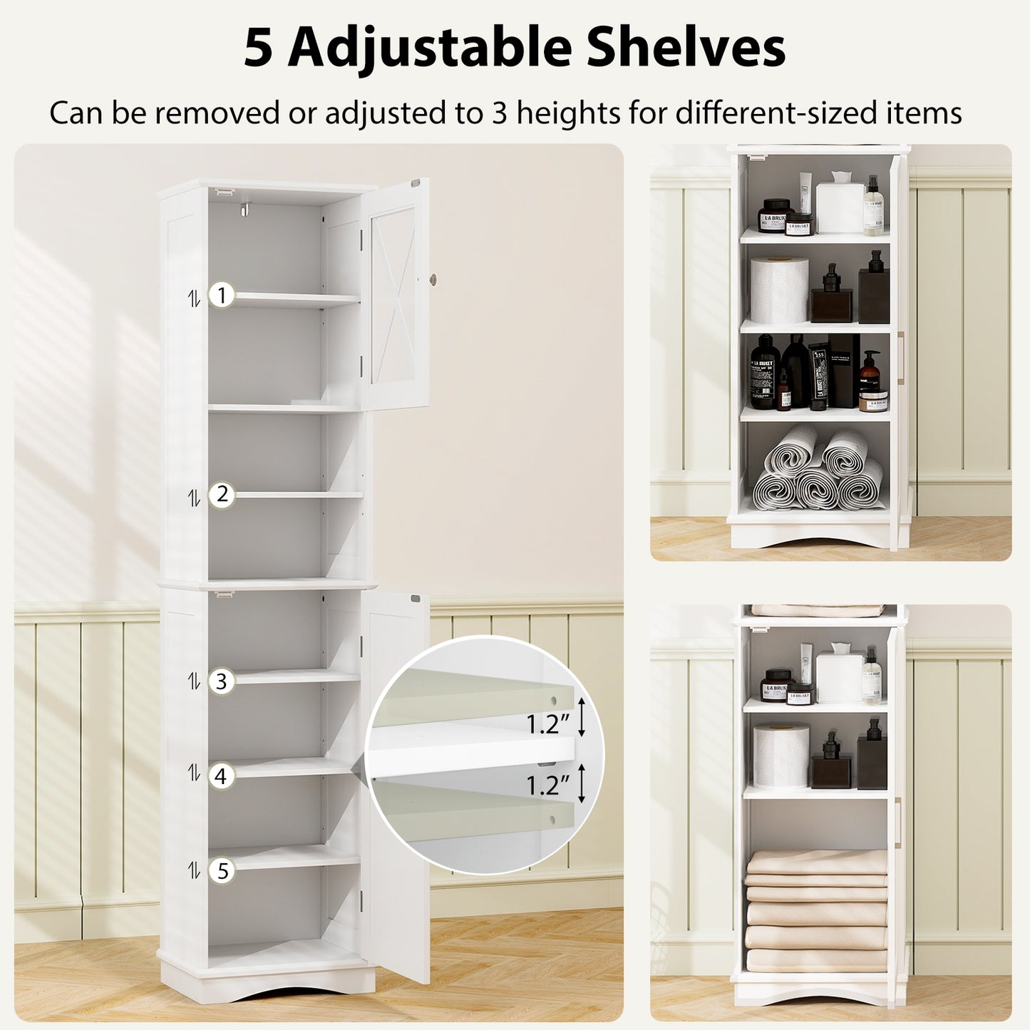 67 Inch Tall Bathroom Cabinet, Freestanding Storage, 5 Adjustable Shelves, White Floor Cabinets at Gallery Canada