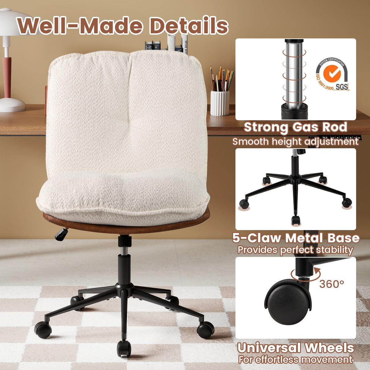 Armless Office Chair With Rocking Backrest, White Armless Chairs at Gallery Canada