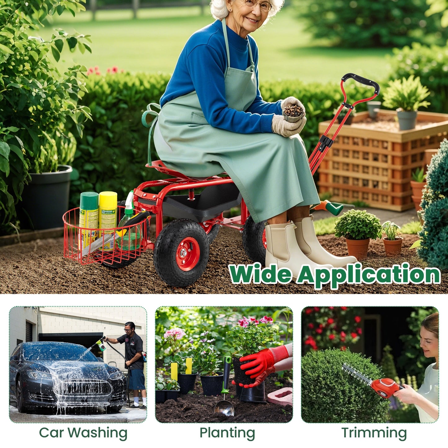 Heavy Duty Garden Cart, Tool Tray, 360 Swivel Seat, Red Garden Carts at Gallery Canada