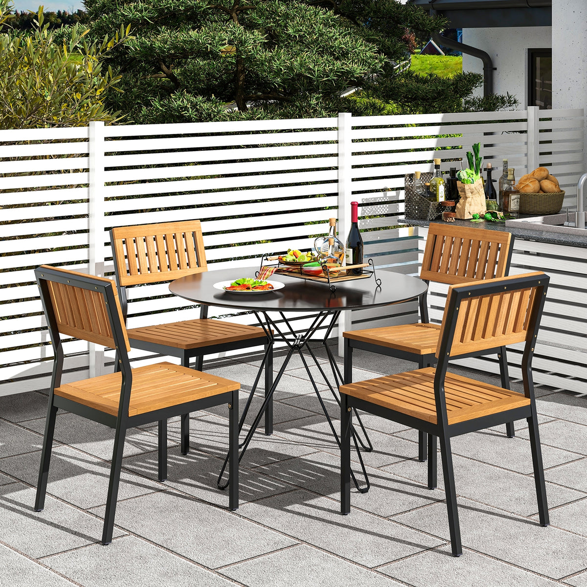 6 Piece Acacia Wood Dining Set, 2 In Umbrella Hole, Natural Black Patio Dining Sets at Gallery Canada