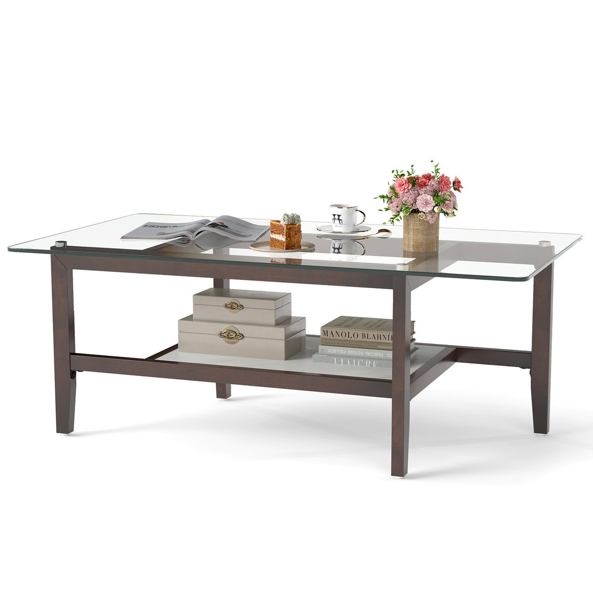 42 Inch Rectangular 2-Tier Glass Coffee Table, Brown Coffee Tables at Gallery Canada