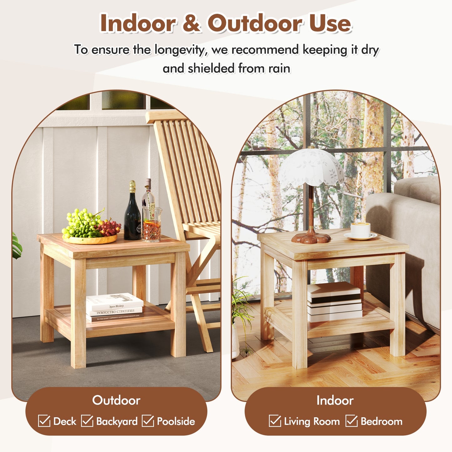 Teak Wood Square Side Table, Open Shelf, Natural Patio Coffee Tables at Gallery Canada