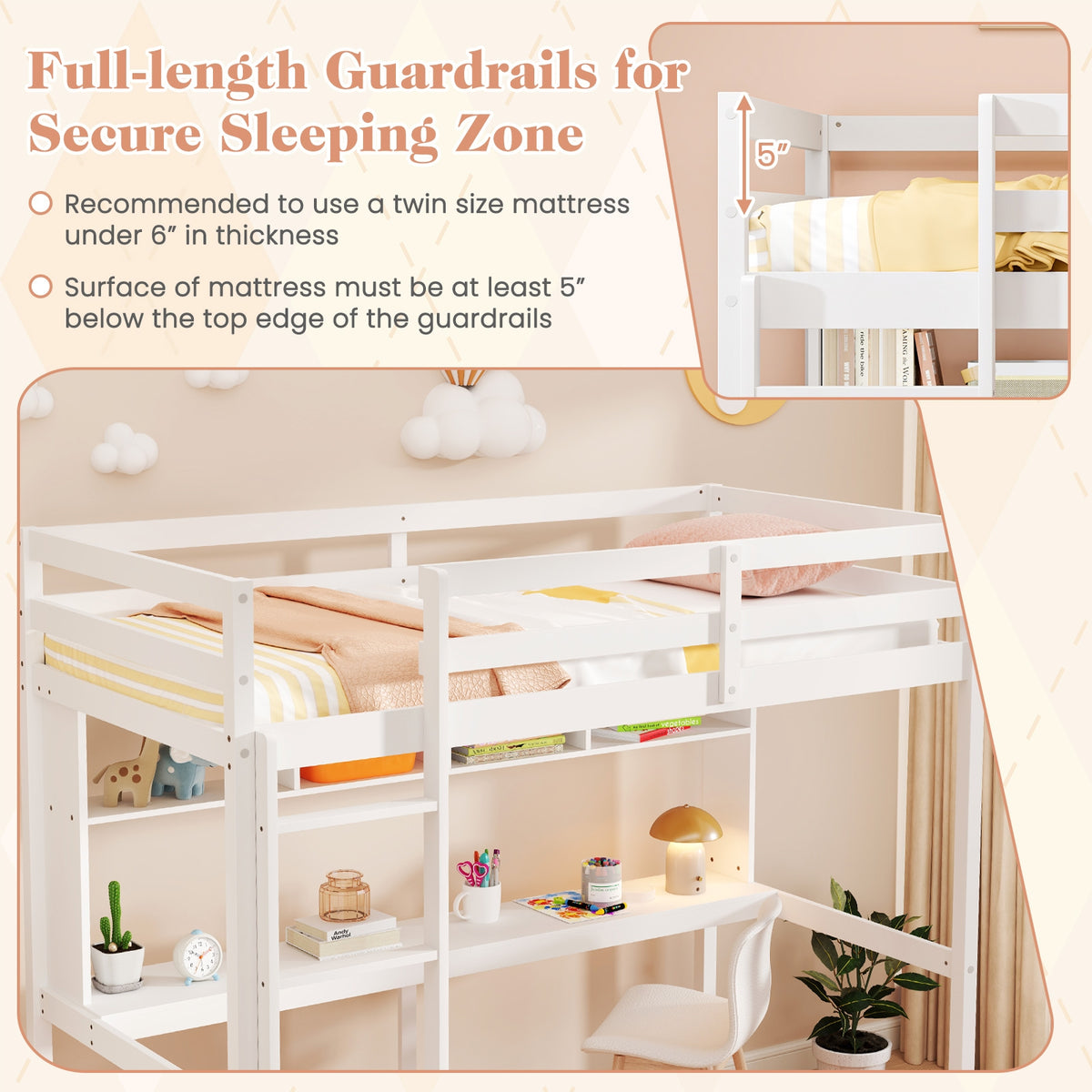 Twin Size Loft Bed With Desk, Shelves, White Simple Bed Frame at Gallery Canada