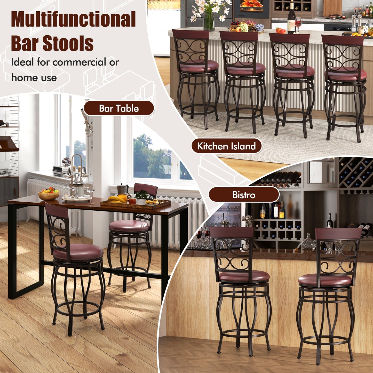 Set of 2 26 Inch Bar Stool, with Backrest and Footrest, Brown Dining Chairs at Gallery Canada