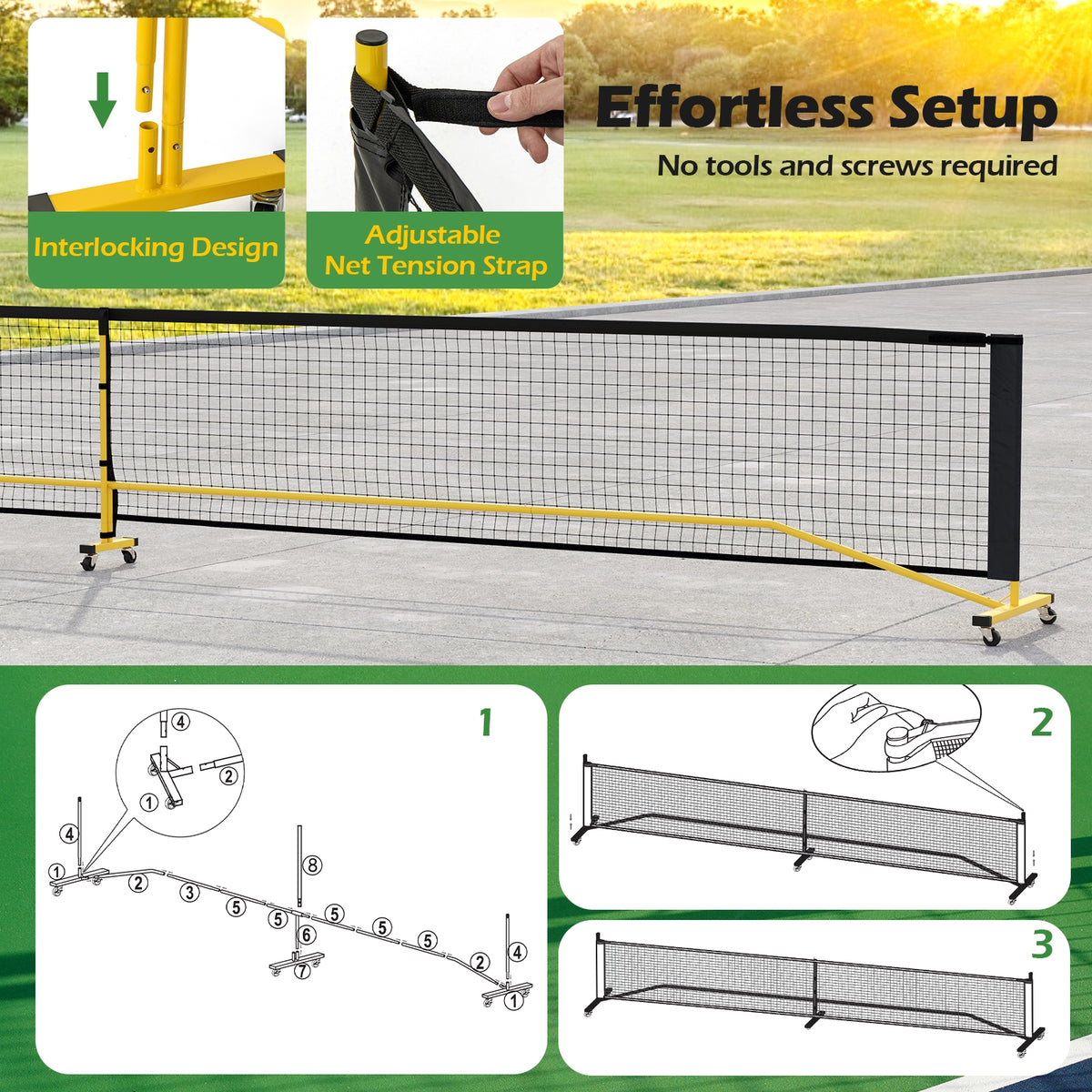 22 Ft Portable Pickleball Net, 6 Lockable Wheels, Carry Bag, Yellow Sport Equipments at Gallery Canada