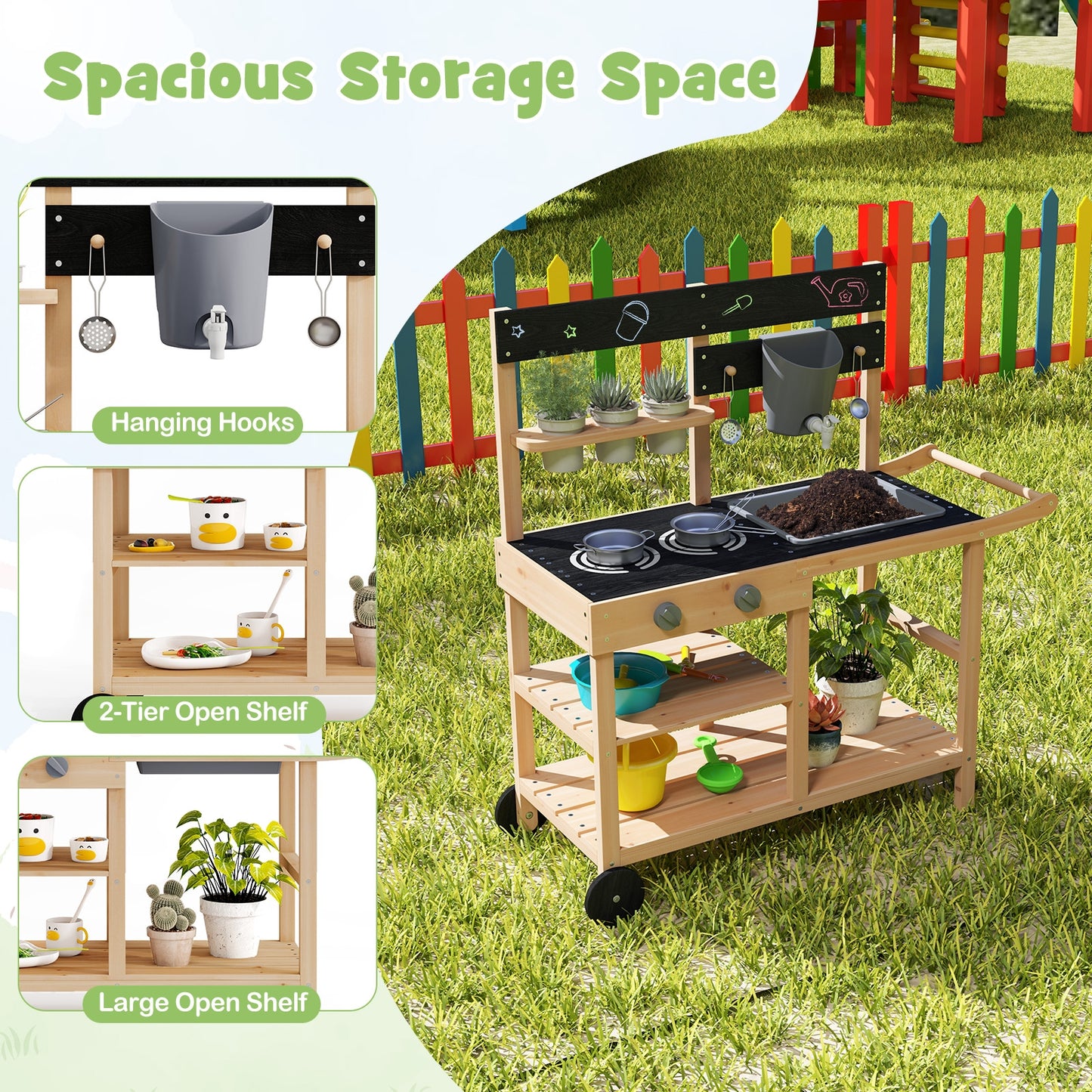 Outdoor Fir Wood Play Kitchen, Blackboard, Planting Pots, Natural Play Kitchen Sets at Gallery Canada