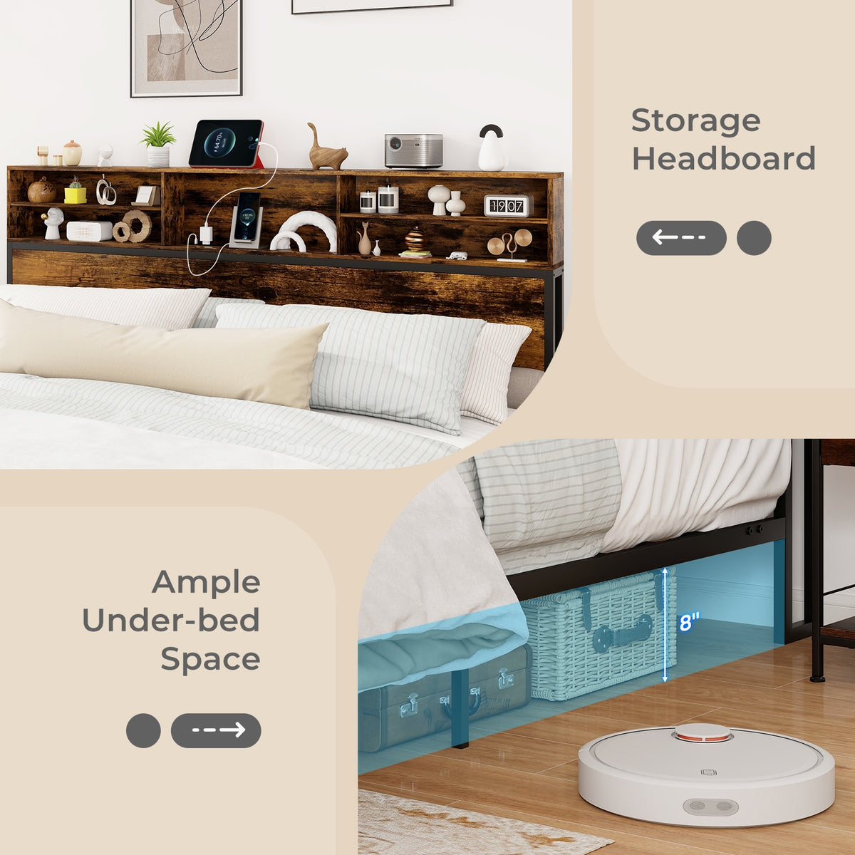 King Size Bed Frame With Storage Headboard, Industrial Metal Platform, Rustic Brown Simple Bed Frame at Gallery Canada