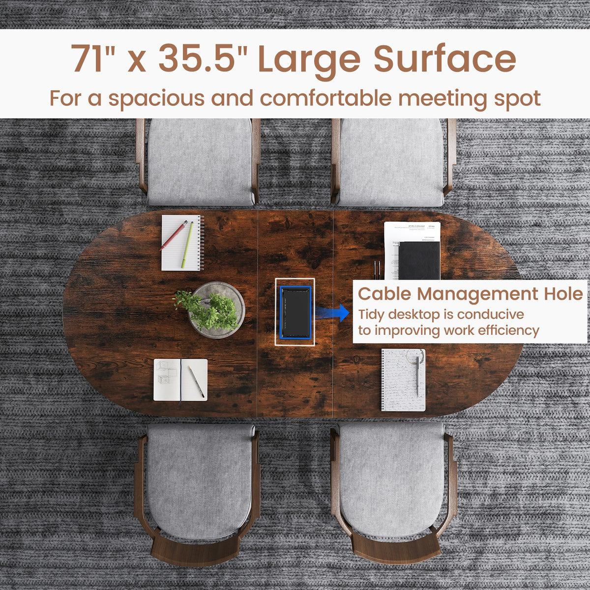 71 Inches Oval Executive Office Table, Cable Management Hole, Rustic Brown Standing Desks at Gallery Canada
