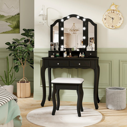 Makeup Vanity Table Set With Lighted Mirror, Drawers, Black Makeup Vanities Black at Gallery Canada