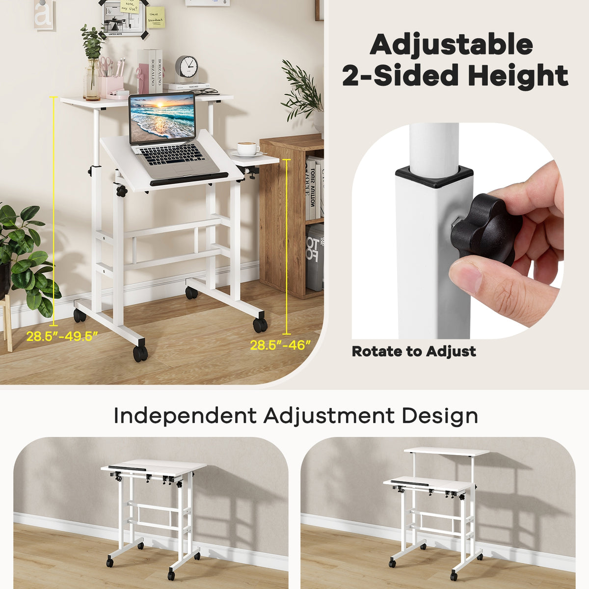 Adjustable Mobile Stand Up Desk, 2 Tilting Desktops, White Laptop Tables & Printer Stands at Gallery Canada