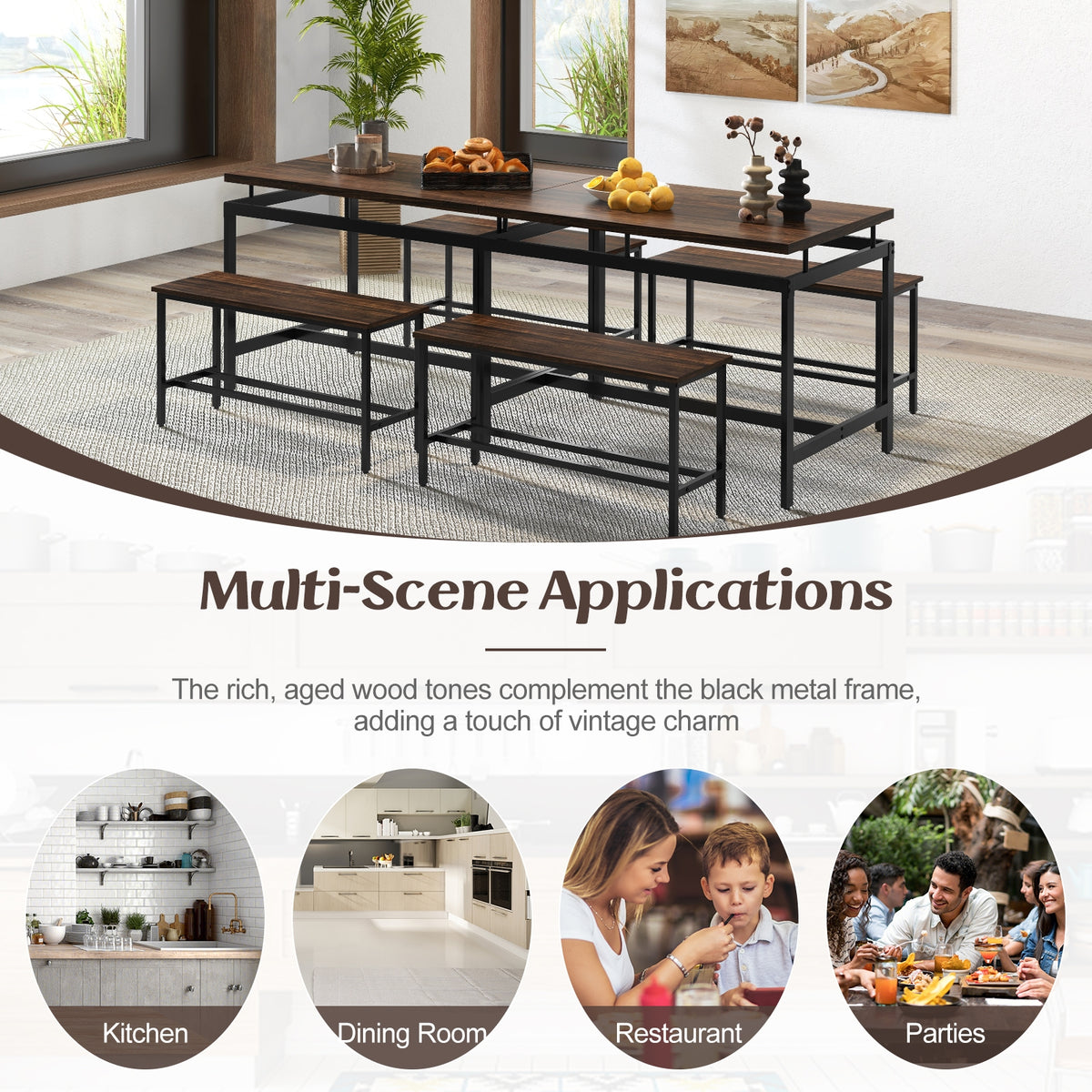 3 Piece Dining Table Set, Wooden Kitchen Table, 2 Benches, Brown Dining Room Sets at Gallery Canada