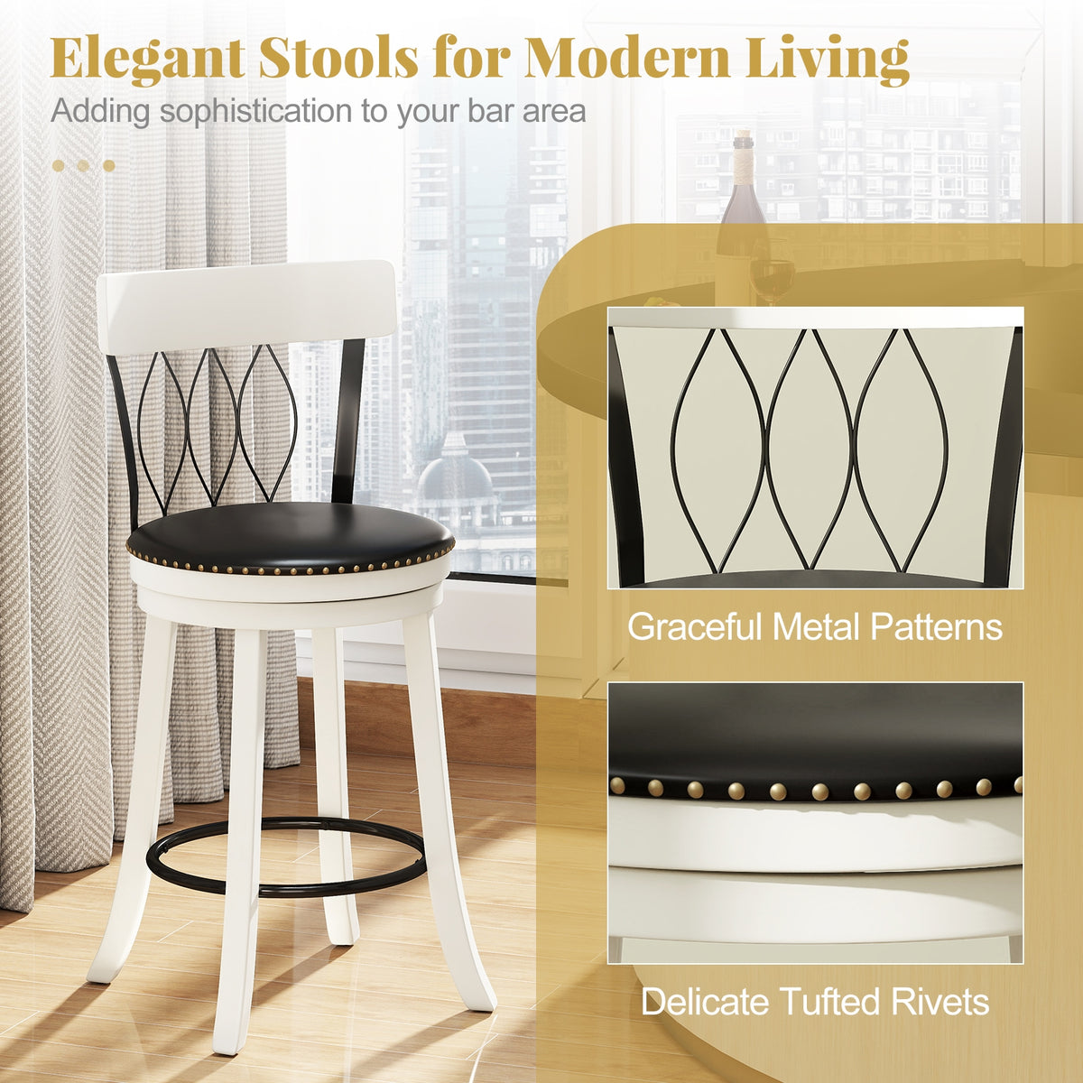 Swivel Bar Stools Set, 26 Inches, Rubber Wood Frame, Tufted Rivets Bar Stools at Gallery Canada