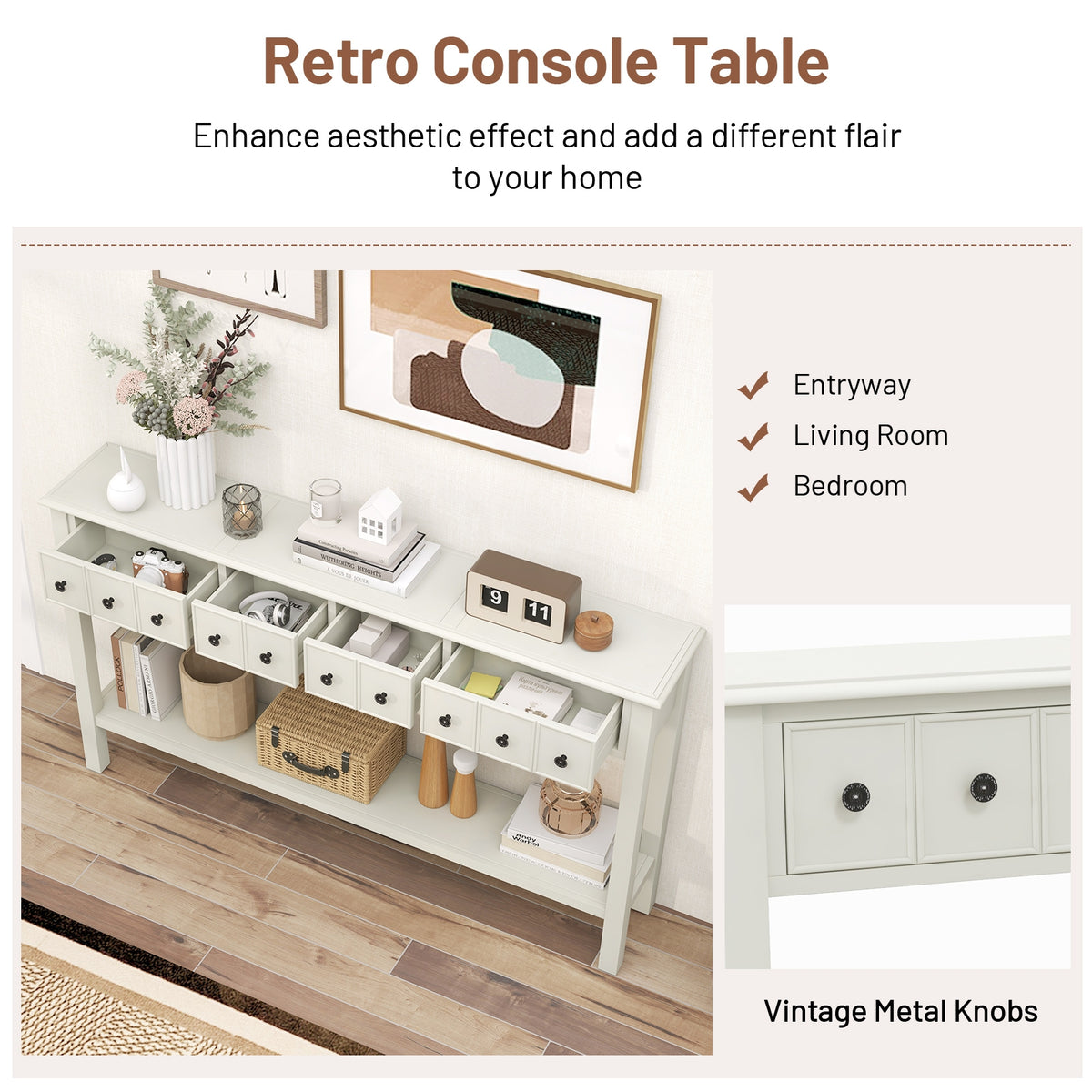 60 Inch Sofa Table, 4 Drawers, Open Shelf, White Console Tables at Gallery Canada