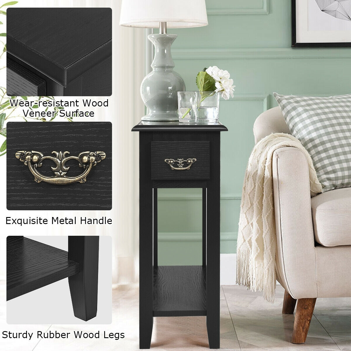 2 Tier End Bedside Sofa Side Table, Narrow Nightstand, Black End & Side Tables at Gallery Canada