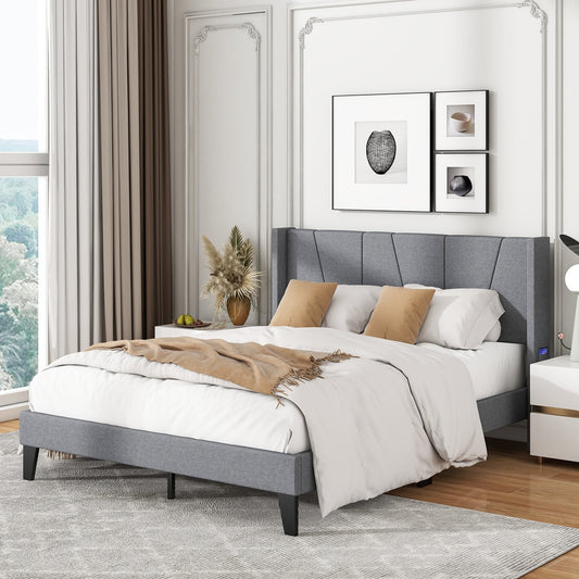 Queen Size Bed Frame With Wingback Headboard, Wood Slat Support, Gray Simple Bed Frame Gray at Gallery Canada