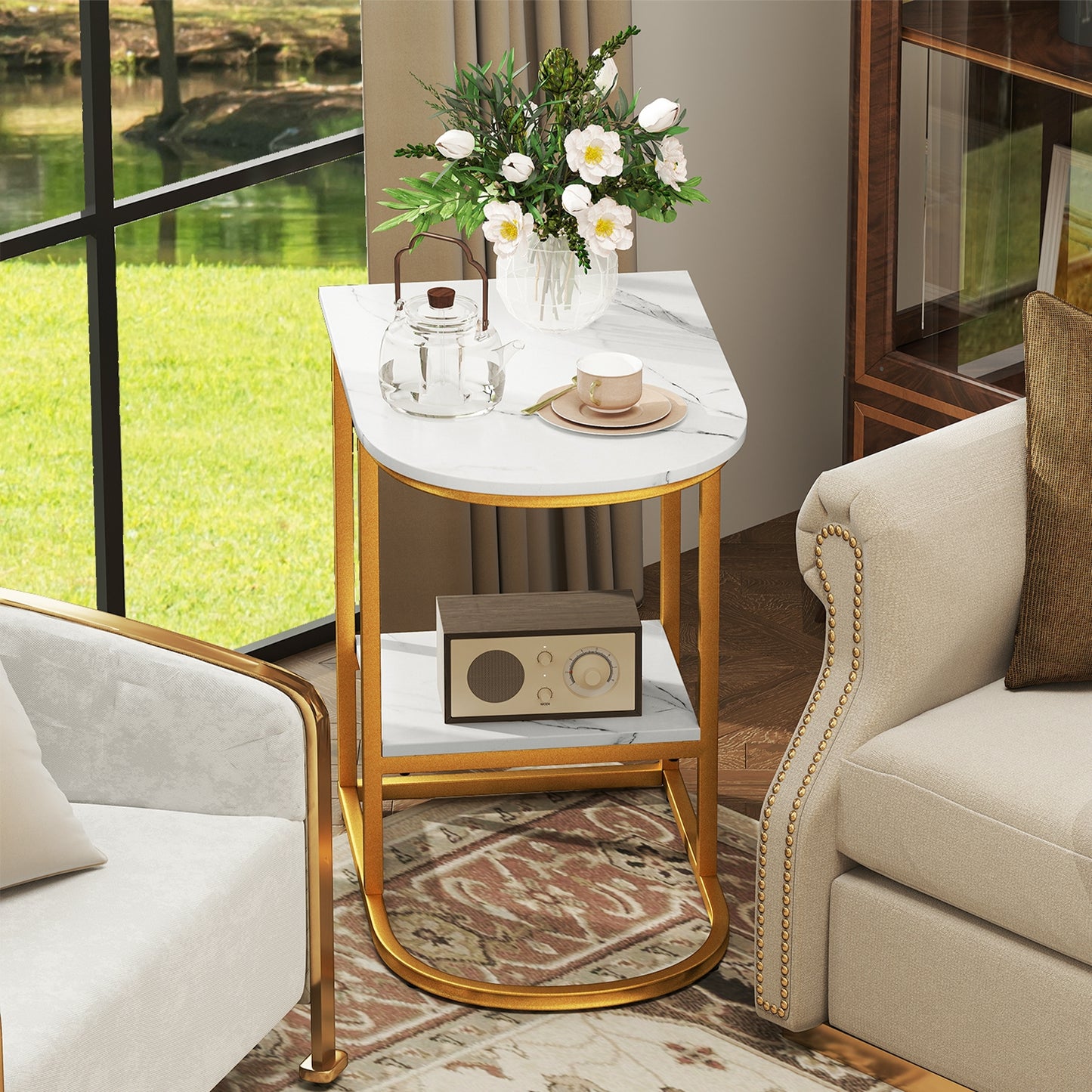 Modern C-Shaped Sofa Side Table, Faux Marble Tabletop With Storage Shelf, White End & Side Tables at Gallery Canada