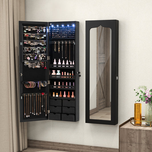 Wall Mounted Mirror Jewelry Armoire, Lockable, 5 LEDs, 6 Drawers, Black Jewelry Armoires Black at Gallery Canada