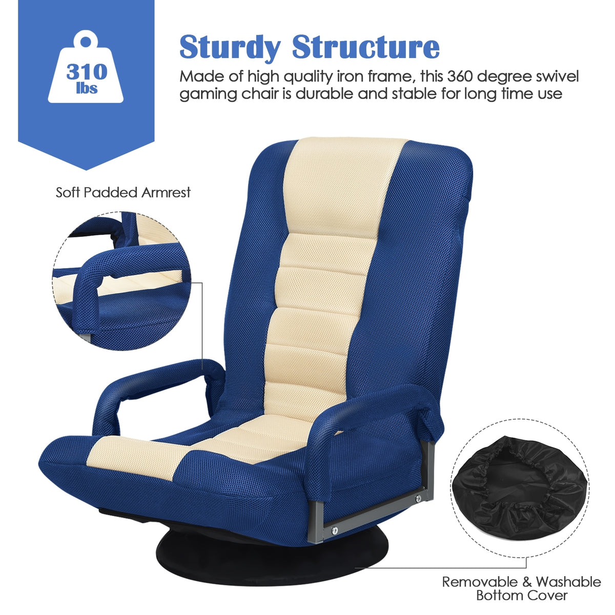 360-Degree Swivel Gaming Floor Chair, Foldable Adjustable Backrest, Blue Floor Chairs at Gallery Canada