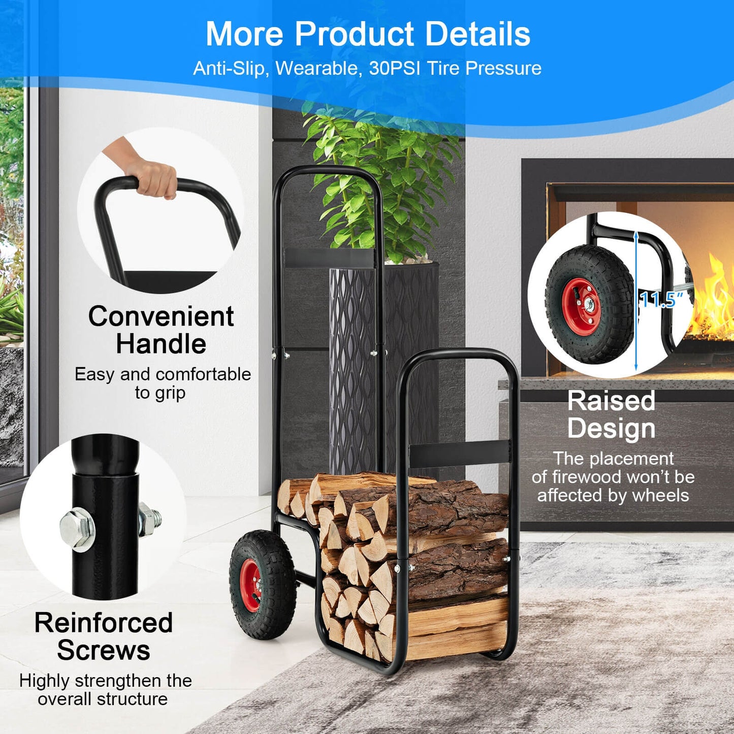Firewood Log Cart Carrier, With Rubber Wheels, Black Log Storage at Gallery Canada