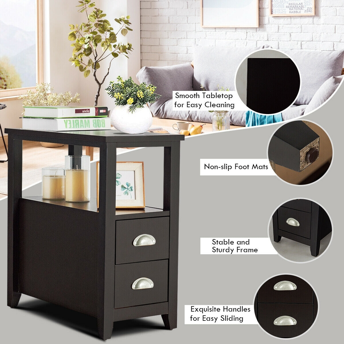 Wooden End Table With 2 Drawers, Shelf, Dark Brown Nightstands at Gallery Canada