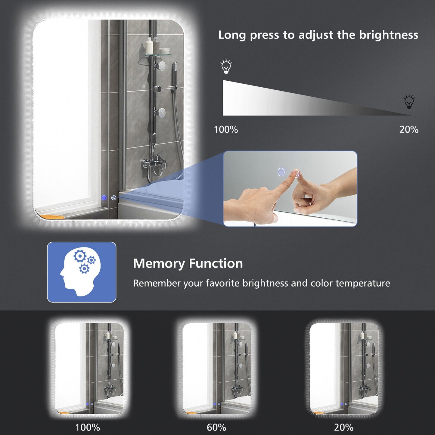 32 x 24 Inch Shatterproof Wall Mirror, 3-Color Lights, Anti-Fog, Transparent Wall Mirrors at Gallery Canada