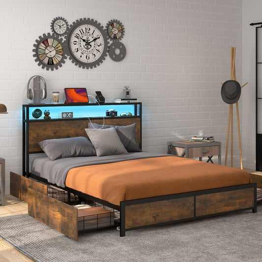 Full Queen Size Bed Frame, Smart LED Lights, Storage Drawers, Rustic Brown Simple Bed Frame Rustic Brown at Gallery Canada