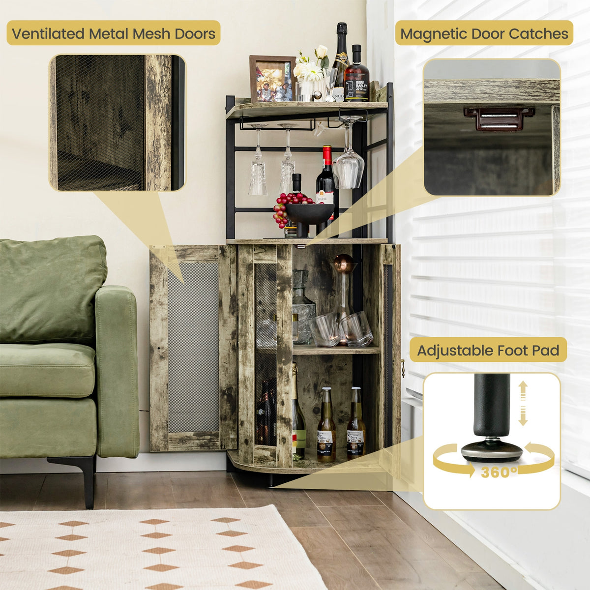 Industrial Corner Bar Cabinet, Adjustable Shelf, Glass Holder, Taupe Cabinets & Chests at Gallery Canada