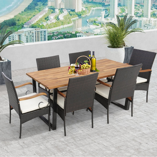 7 Pieces Patio Rattan Dining Set with 2 Inches Umbrella Hole-Curved Handrail, Multicolor Patio Dining Sets Mix Brown, Off White, Natural, Black at Gallery Canada