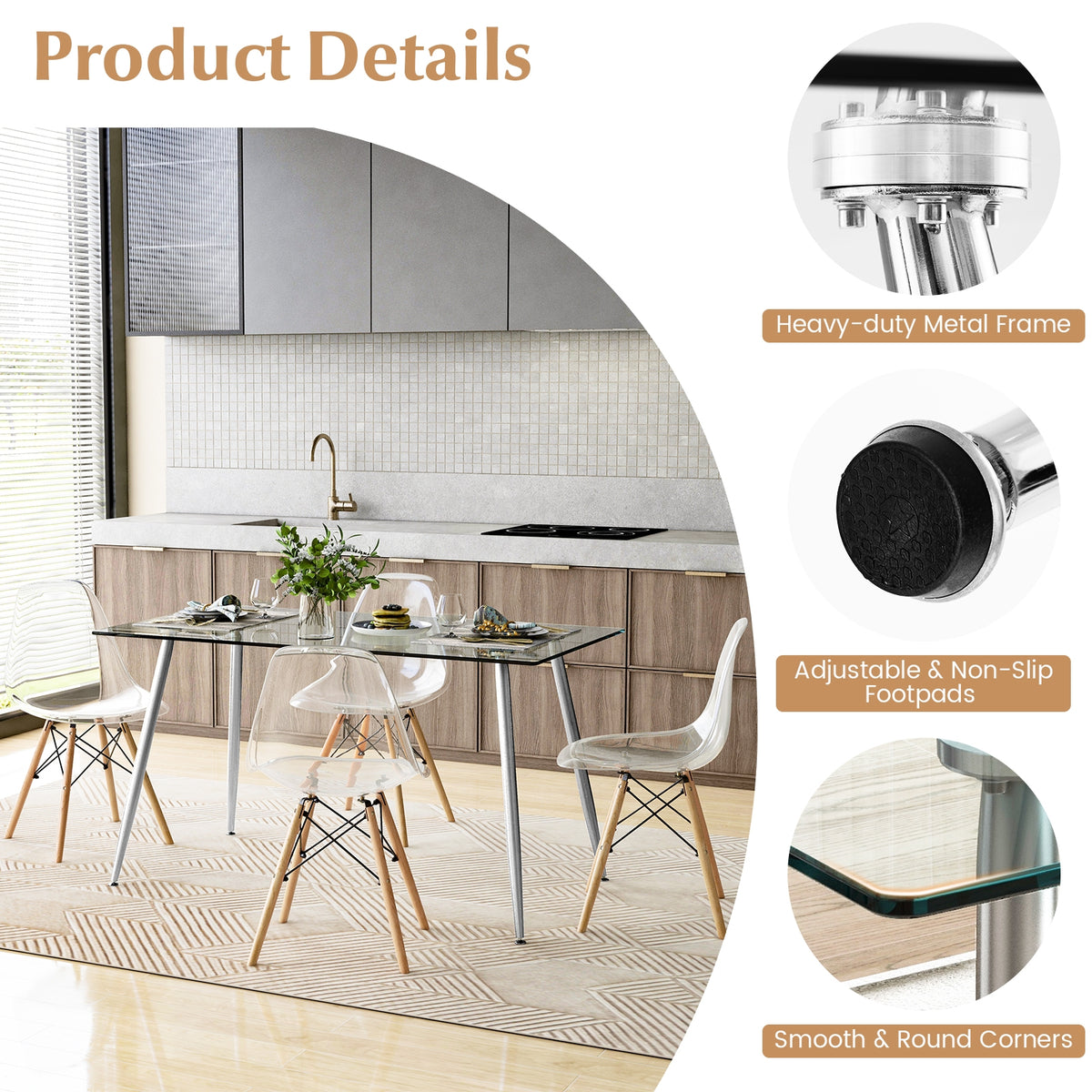 Rectangle Dining Table Set, 51 Inch Glass Tabletop, 5 Pieces, Gray Dining Room Sets at Gallery Canada