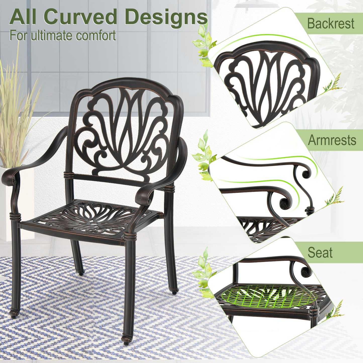 2 Patio Cast Aluminum Dining Chairs, Armrests, Bronze Patio Dining Chairs at Gallery Canada