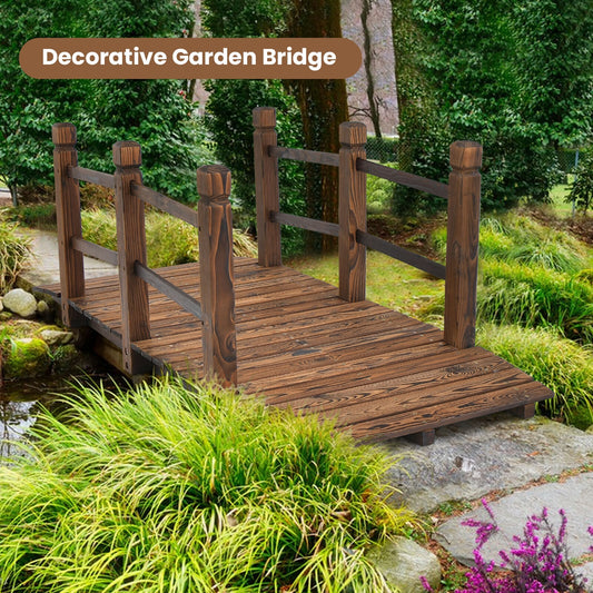 5 Feet Wooden Garden Bridge, With Safety Rails, Brown Outdoor Decor Brown at Gallery Canada