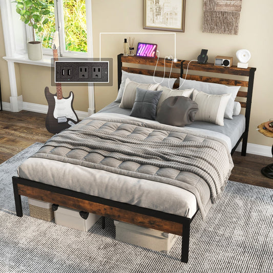 Queen Size Bed Frame With Charging Station, Storage Headboard, Rustic Brown Simple Bed Frame Rustic Brown at Gallery Canada