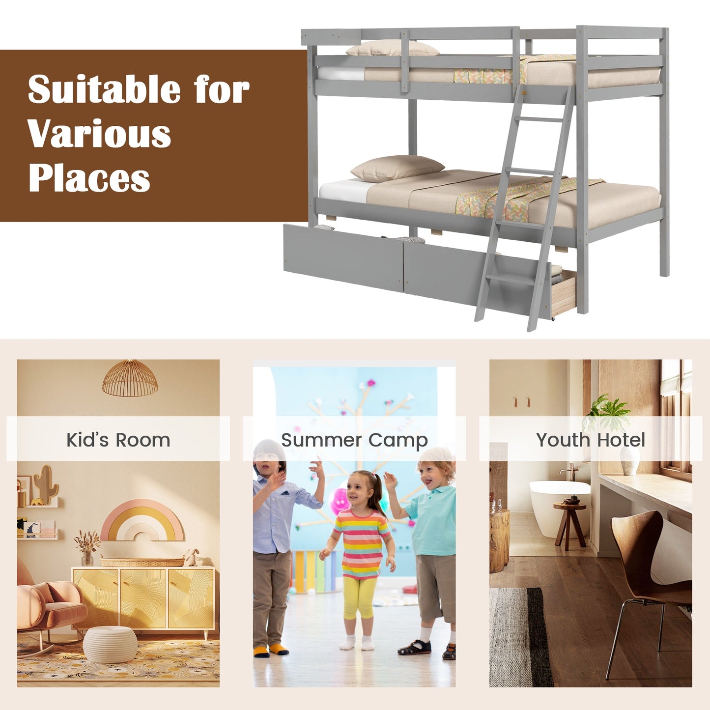 Twin Over Twin Bunk Bed, Wood Frame, 2 Storage Drawers, Ladder, Gray Bunk Bed Frame at Gallery Canada