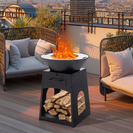 Patio Fire Pit With Firewood Log Rack, Grill, Ash Box, Black Fire Pits Black at Gallery Canada