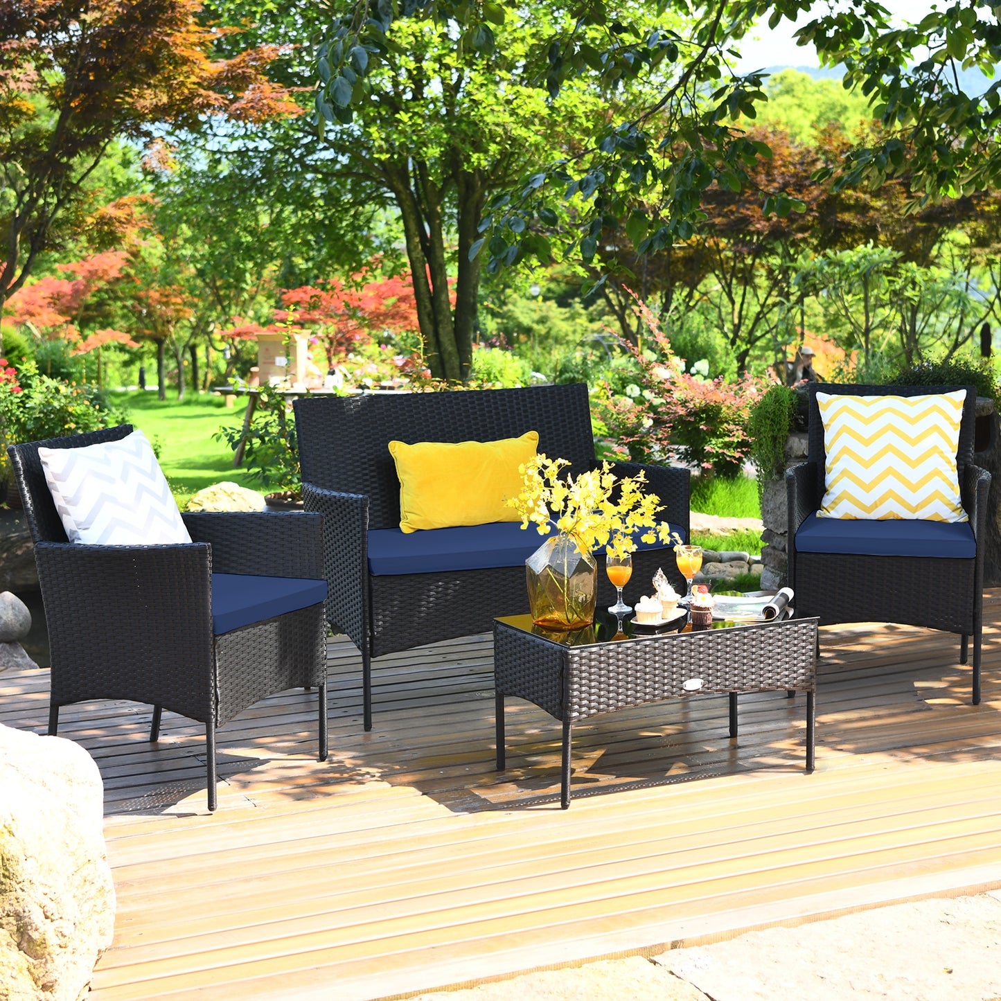 4-Piece Patio Rattan Cushioned Sofa Set, Tempered Glass Coffee Table, Navy Patio Conversation Sets at Gallery Canada