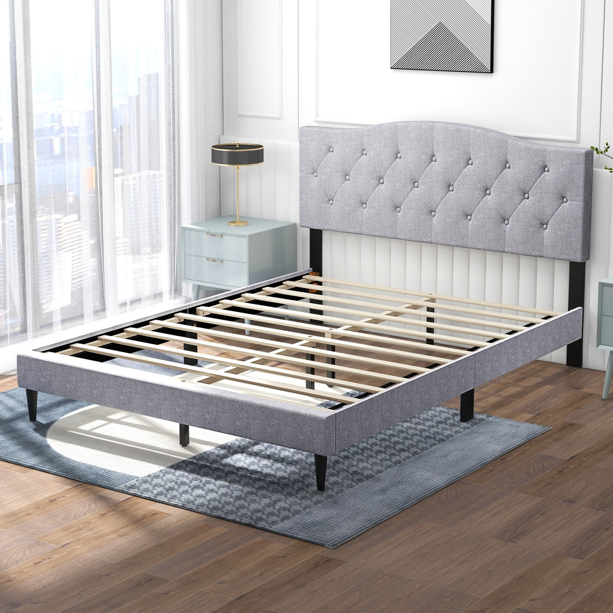 Queen Size Upholstered Platform Bed with Button Tufted Headboard-Queen Size, Gray Simple Bed Frame at Gallery Canada
