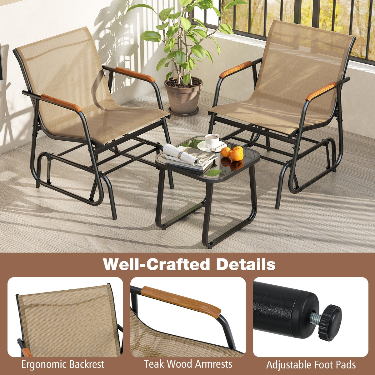 3-Piece Outdoor Glider Bistro Set, Tempered Glass Top, Metal Frame, Coffee Patio Conversation Sets at Gallery Canada